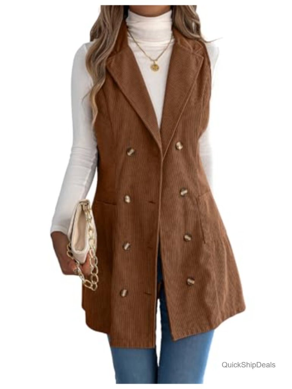 Womens Long Corduroy Vest Double Breasted Sleeveless Blazer Jacket